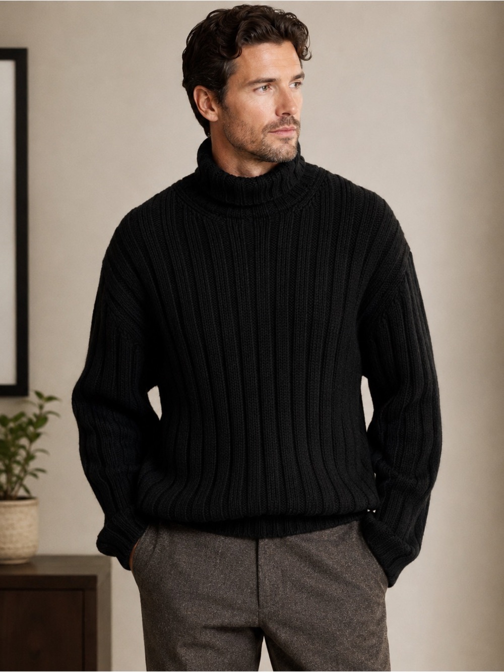Banana Republic Mens Extra Large Black Lambswool Cashmere Ribbed Knit Sweater